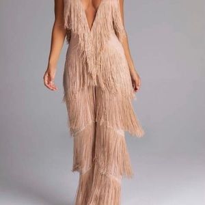 Meshki nude fringe jumpsuit